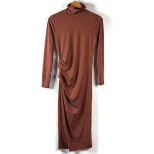 Athleta Womens Havana Terracotta Midi Dress Ruched Sheath Turtleneck Wool XS